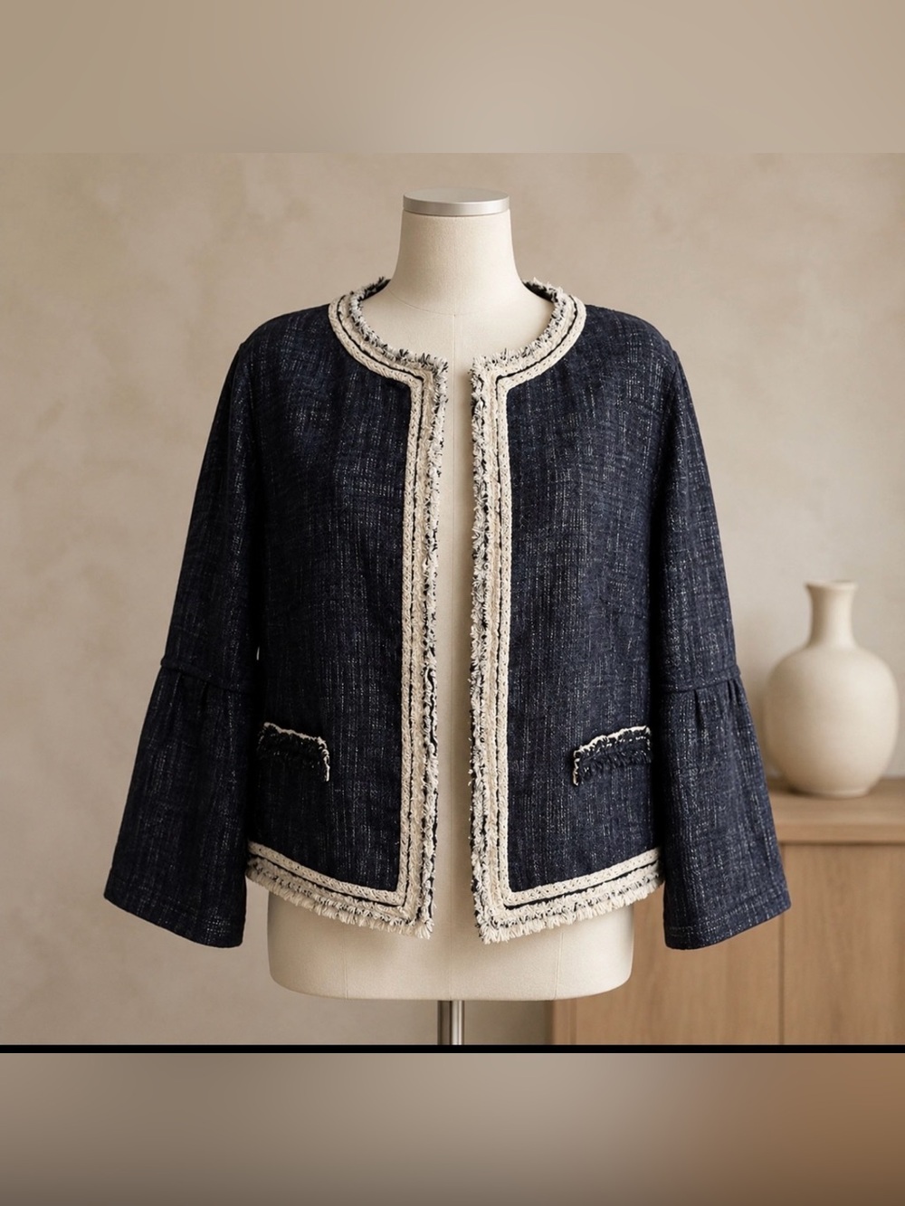 Elie Tahari Cotton linen flounce sleeve blazer blue jacket